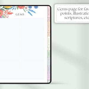 May include: Digital planner page with floral accents and the word "GEMS" at the top. The page is divided into sections for notes, with a sidebar listing days of the week and other categories. A text box reads "Gems page for favorite points, illustrations, scriptures, etc."