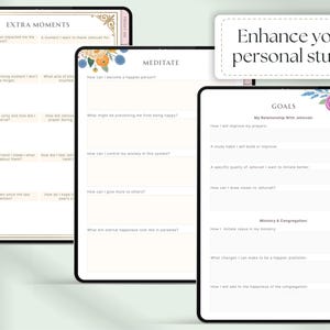 May include: Three digital tablets displaying study templates. The templates feature floral accents and prompts for reflection, meditation, and goal setting. The text "Enhance your personal study!" is also visible.