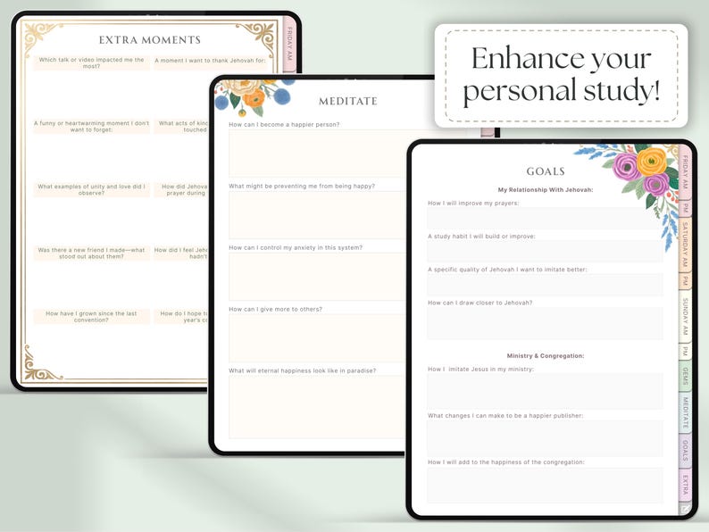 May include: Three digital tablets displaying study templates. The templates feature floral accents and prompts for reflection, meditation, and goal setting. The text "Enhance your personal study!" is also visible.