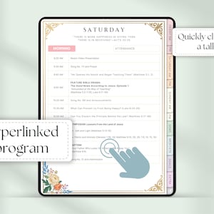 May include: A digital tablet displaying a Saturday schedule with the text "There is more happiness in giving than there is in receiving - Acts 20:35." The screen shows a "Hyperlinked program" and the words "Quickly click on a talk."