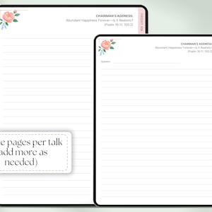 May include: Two digital planner pages with lined paper, floral accents, and the text "CHAIRMAN'S ADDRESS: Abundant Happiness Forever-Is It Realistic?" and "2 Note pages per talk (add more as needed)." The pages have color-coded tabs.