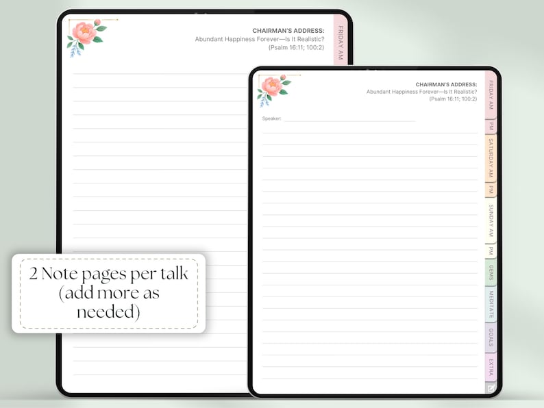 May include: Two digital planner pages with lined paper, floral accents, and the text "CHAIRMAN'S ADDRESS: Abundant Happiness Forever-Is It Realistic?" and "2 Note pages per talk (add more as needed)." The pages have color-coded tabs.