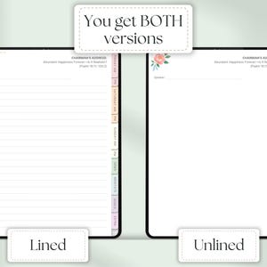 May include: Digital planner with lined and unlined pages. The planner features floral accents, a header that reads "Chairman's Address", and tabs for the days of the week, goals, and extra notes. The text "You get BOTH versions" is at the top.