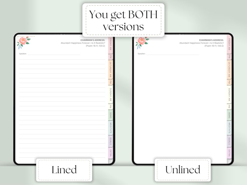 May include: Digital planner with lined and unlined pages. The planner features floral accents, a header that reads "Chairman's Address", and tabs for the days of the week, goals, and extra notes. The text "You get BOTH versions" is at the top.