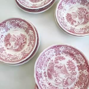 Puede incluir: Un conjunto de platos antiguos de cerámica blanca y burdeos. Los platos presentan un diseño de paisaje detallado con bordes florales. Los platos son de varios tamaños, incluyendo cuencos y platos llanos. Los platos están dispuestos sobre una superficie blanca.