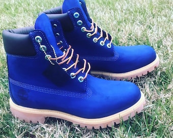 red and blue timberland boots