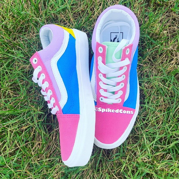 Barbe à papa Vans Custom Old Skool -Grand enfant/adultes homme femme rose violet vert jaune bleu