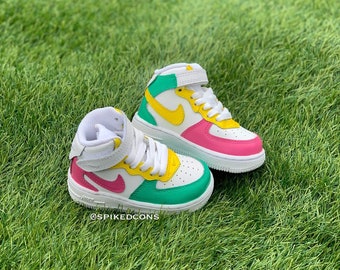 Zapatillas AF1 personalizadas "South Beach" en rosa, amarillo y aguamarina para niños y adultos