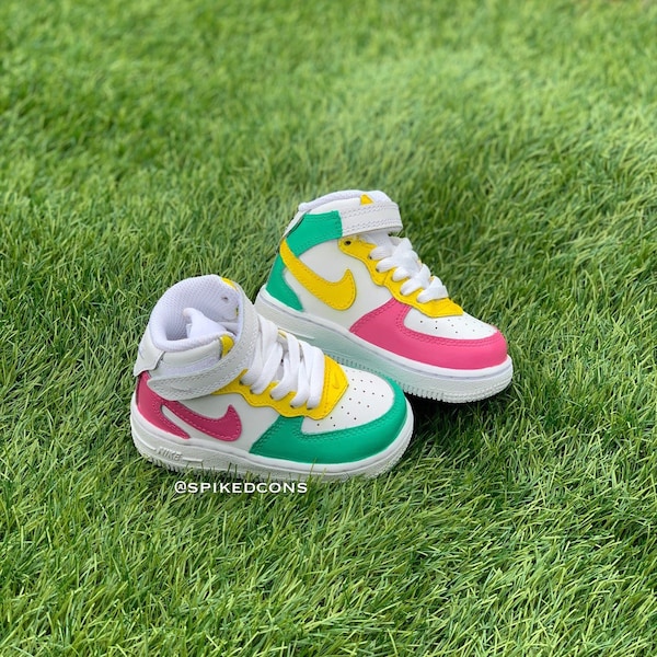 Custom “South Beach”  Pink Yellow Aqua Mid AF1 Sneakers-Kids & Adults