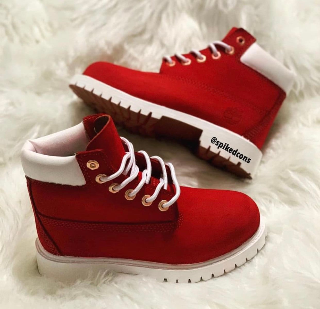 Red and white timbs sale