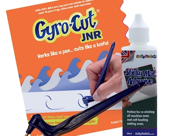 Kit de inicio GYRO-CUT JUNIOR. Incluye una herramienta Gyro-Cut Junior con punta para cortar papel y un frasco de 50 ml de adhesivo Sticky Mat.