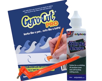 Kit de inicio Gyro-Cut PRO. Incluye una herramienta Gyro-Cut PRO, una punta de corte estándar y un frasco de 50 ml de adhesivo Sticky Mat.