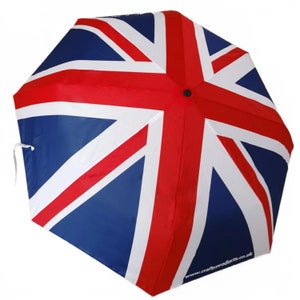 Folding Travel Umbrella with Union Jack design automatic push button opening/closing mechanism with comfortable easy grip handle and strap