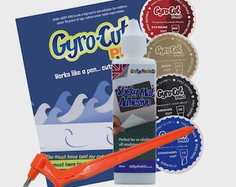 Kit avanzado Gyro-Cut PRO. Herramienta PRO completa con los 4 tipos de cuchillas y una botella de 50 ml de adhesivo Sticky Mat.