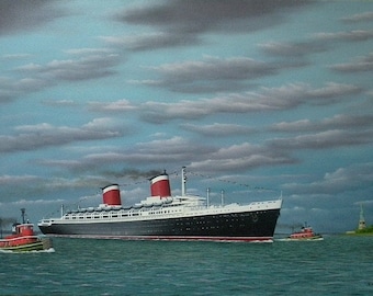 SS United States in NY harbor, with Moran Tugs helping