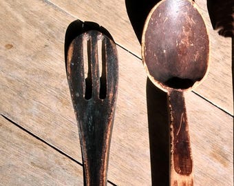 Antique Carved Wooden Spoons, 2 Primitive Wood Kitchen Utensils