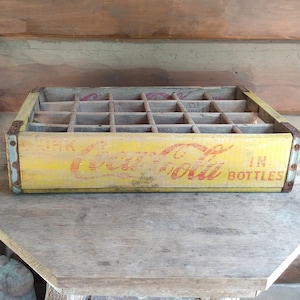 Vintage Coca Cola Wooden Bottle Crate Rustic Mid Century Yellow Red Painted Wood Soda Pop Advertising Carrier Cubby Storage Box Tray Tote