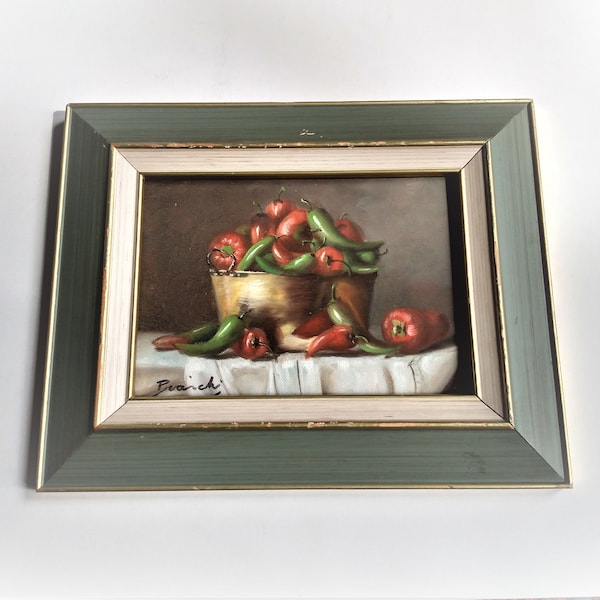 Vintage Chile Pepper Still Life Oil Painting by Bianchi Italian Miniature Italy Poblano Chili Wall Art Artist Hand Painted in Green Frame