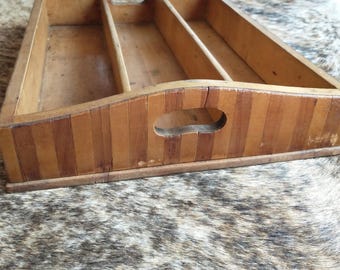 Vintage Two Tone Wood Cutlery Tray, Wooden Knife Caddy Flatware Tote