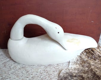 Vintage White Swan Wooden Decoy, Large Farmhouse Wood Carving Sculpture Table Accent