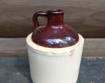 Antique Stoneware Crock Jug, Vintage Two Tone Whiskey Shoulder Jug