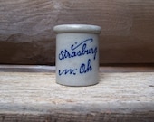Vintage Rowe Pottery MINIATURE Blue Decorated Strasburg Ohio Salt Glaze Stoneware Crock - Mini Country Collectable Curio Cabinet Accent