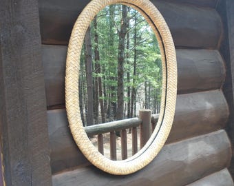 Vintage Hand Braided Rawhide Oval Wall Mirror, Rustic Western Ranch Accent