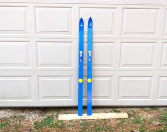 Vintage Blue Wooden Youth Skis, Mid Century Fybr Flex Rollin Wilson 53 Inch