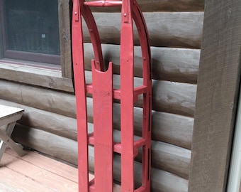 Antique Red Wooden Snow Sled, Large Vintage Rustic Primitive Wood Lodge Porch Decor