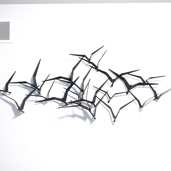 Curtis Jere Birds in Flight Black Steel Sculpture, Vintage Mid-Century Modern Abstract Wall Art