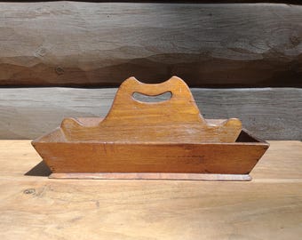 Antique Handmade Wooden Knife Tray, Vintage Wood Cutlery Tote Silverware Flatware Caddy
