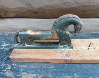 Antique Carved Wooden Mangle Board, Scandinavian Painted Horse Handle & Hearts