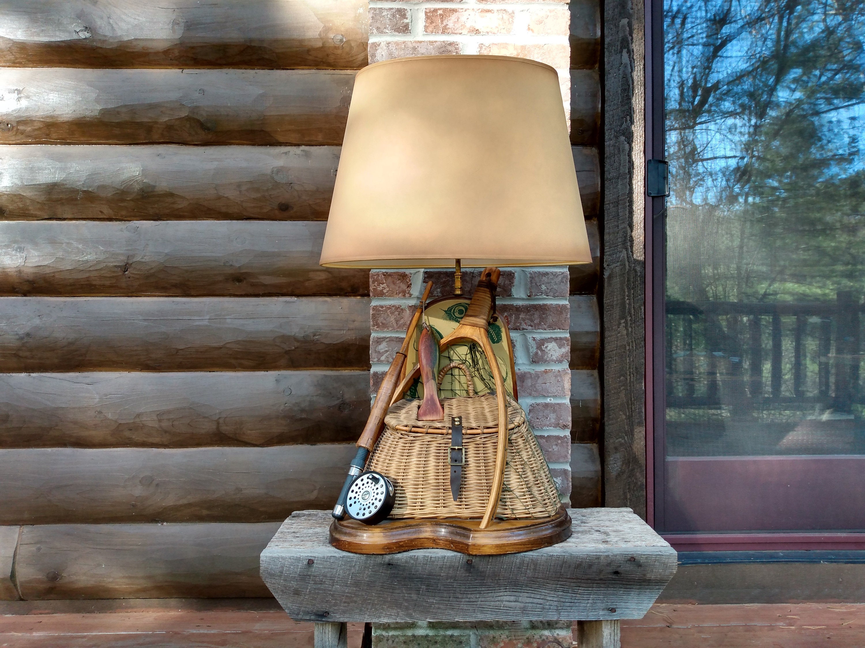 Vintage Nightwatch Fly Fishing Table Lamp - Rod Reel Creel Trout Net Fish  Design Lake Cabin Rustic Lodge Electric Wood Accent Light & Shade