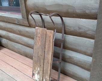 Antique Metal Runner Childrens Sled, Primitive Distressed Wood Lodge Porch Accent