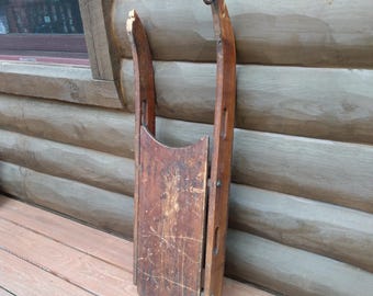 Antique Wooden Runner Snow Sled, Primitive Distressed Wood Cabin Porch Accent