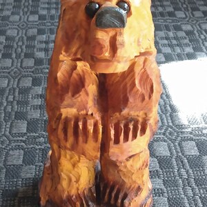 Standing Bear Wood Carving 16 inch Vintage Rustic Pine Handmade Chainsaw Carved Wooden Log Sculpture Lake Cabin Ski Lodge Decor Porch Accent image 3