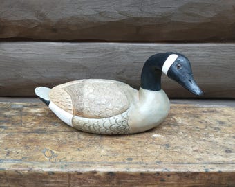 Vintage Ken Shaffer Hand Carved Wood Canada Goose Decoy, Wooden Waterfowl Bird Wood Carving