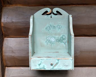 Vintage Green Wooden Shelf with Drawer, Small Rustic Wood Farmhouse Cabinet