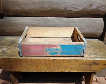 Vintage Pepsi Cola Wooden Soda Crate, Mid Century Rustic Wood Pop Bottle Carrier Box