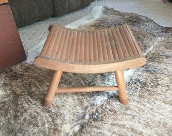 Vintage Bamboo Slat Foot Stool, Mid Century Egyptian Revival Teak Footstool