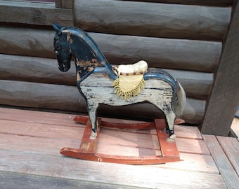 Antique Wooden Rocking Horse, Primitive Farmhouse Rustic Decor