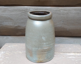 Antique Salt Glazed Stoneware Crock Jar, Primitive Pottery Preserve Canning Wax Sealer