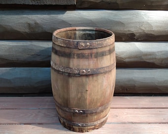 Rustic Wooden Staved Barrel, Antique Metal Banded Wooden Keg 21x12.5x14