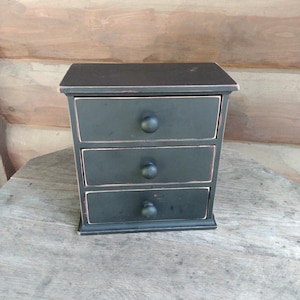 Vintage Rustic Black Paint 3 Drawer Small Cabinet Distressed Primitive Wood Farmhouse Country Kitchen Spice Box Vanity Office Cubby Storage