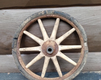 Antique 11" Wooden Spoke Cart Wheel, Single Rubber Wagon Tire #1