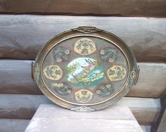 Antique Victorian Needlepoint House & Flowers Finished Embroidery Serving Tray, Edwardian Cottage Wall Art