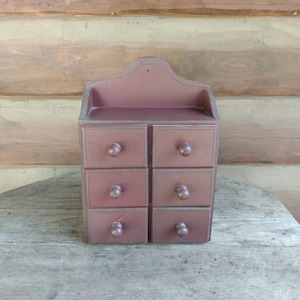 Vintage Rustic Red Paint 6 Drawer Wall Box Distressed Primitive Wood Farmhouse Country Kitchen Small Spice Cabinet Vanity Cubby Storage