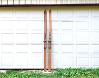 Antique Hickory Wood Skis with Boot Bindings, 95 inch Rustic Cabin Decor