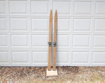 Antique Carved Hickory Wooden Skis, Primitive Rustic Porch Wall Decor 67 inch