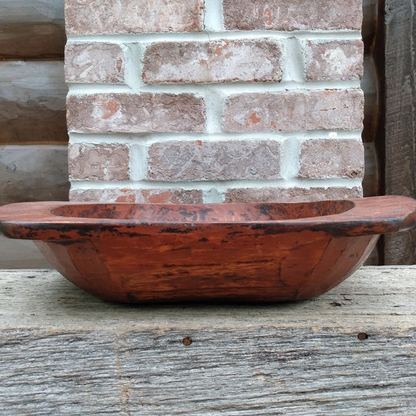 Antique Wooden Trencher Early Primitive Vintage Red Paint Carved Wood Rustic Country Kitchen Farmhouse Table Accent Decor Old Dough Bowl